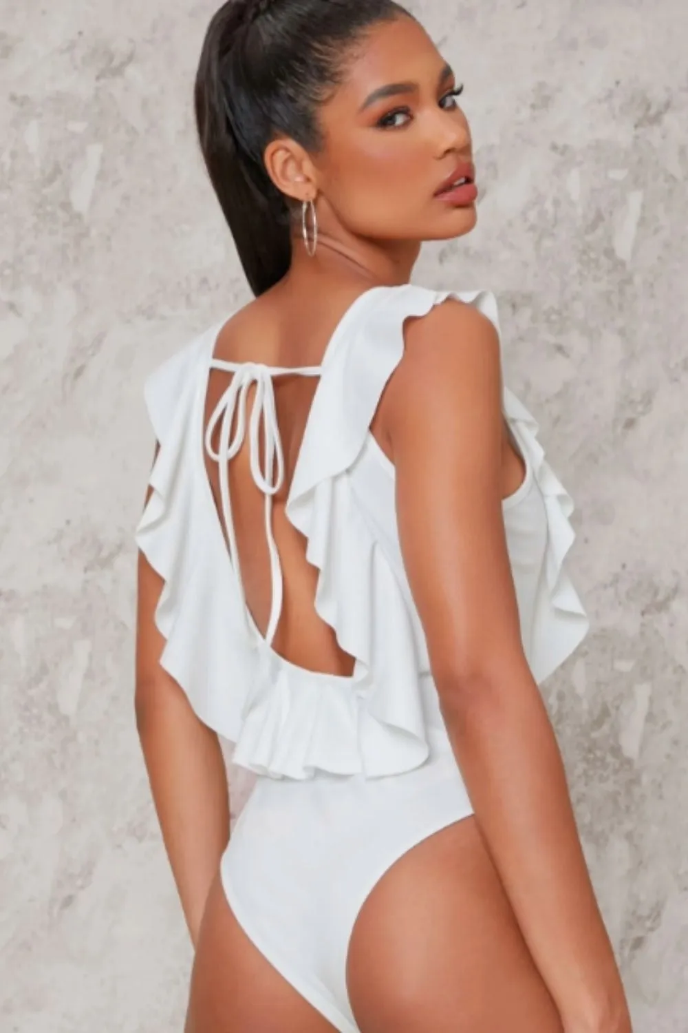 Ruffled Plunge Neck Cheeky Bodysuit