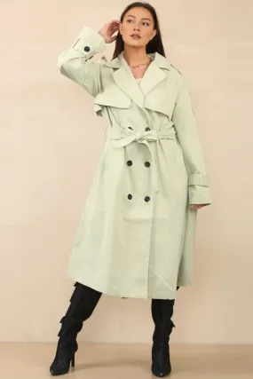 Sage Chic Waist Tie Double Breasted Trench Coat