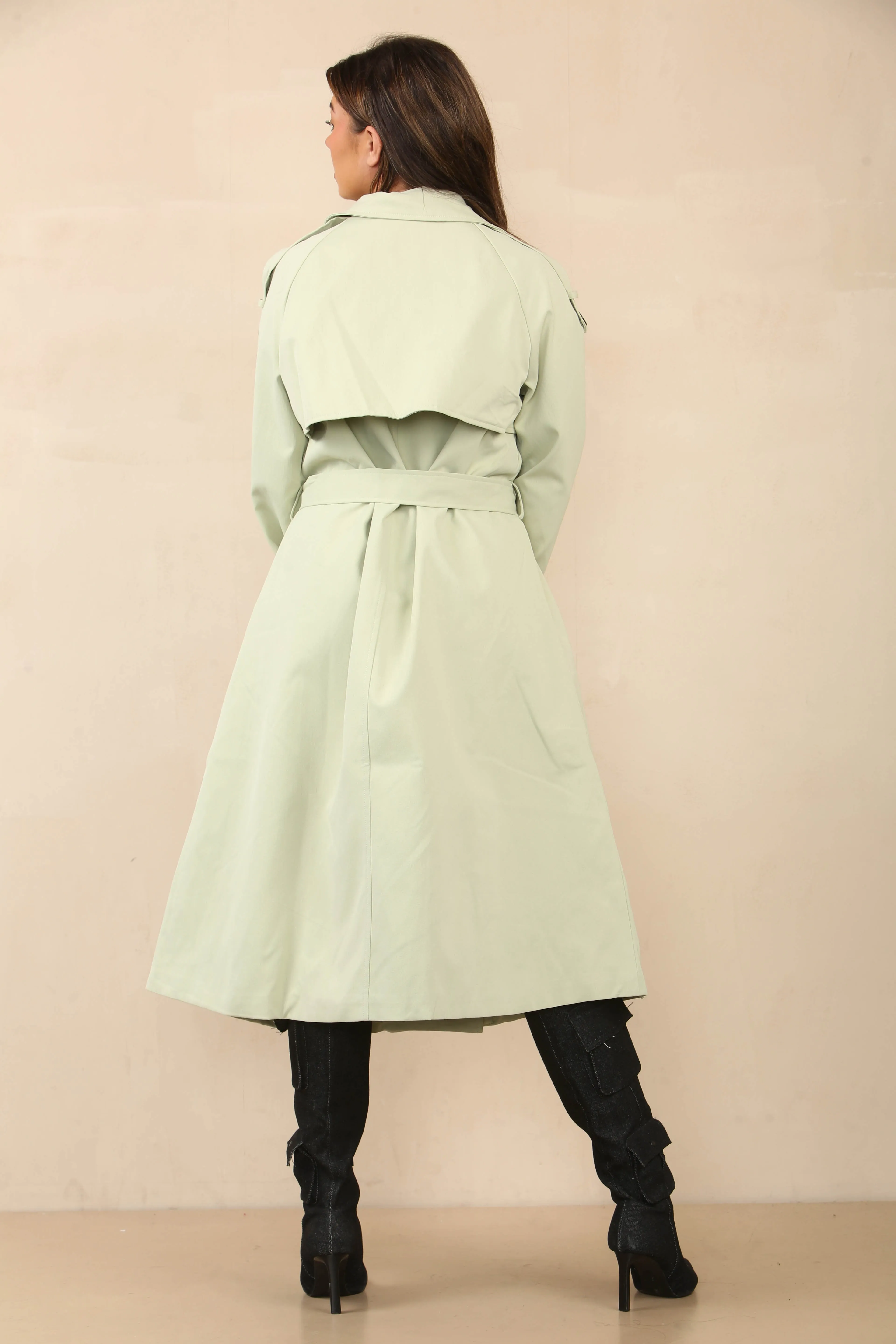 Sage Chic Waist Tie Double Breasted Trench Coat