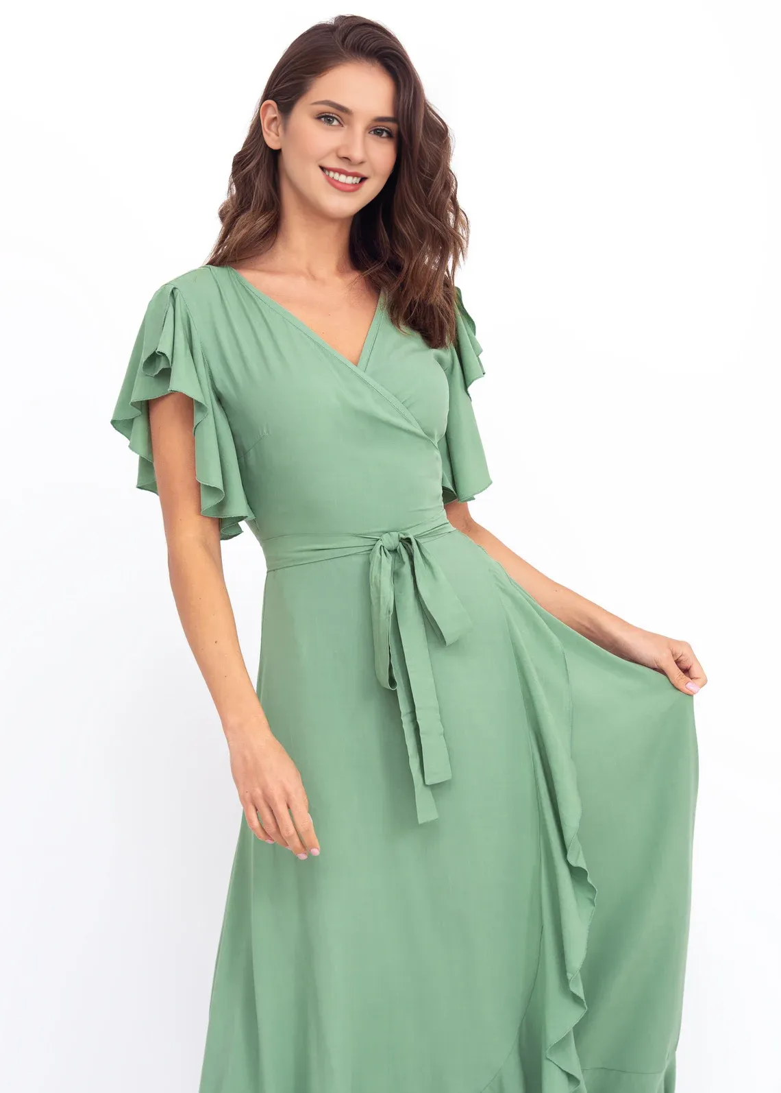 Sage Green Romantic Wrap Around Maxi Dress  Formal Short Sleeve Long Wedding Guest Dress