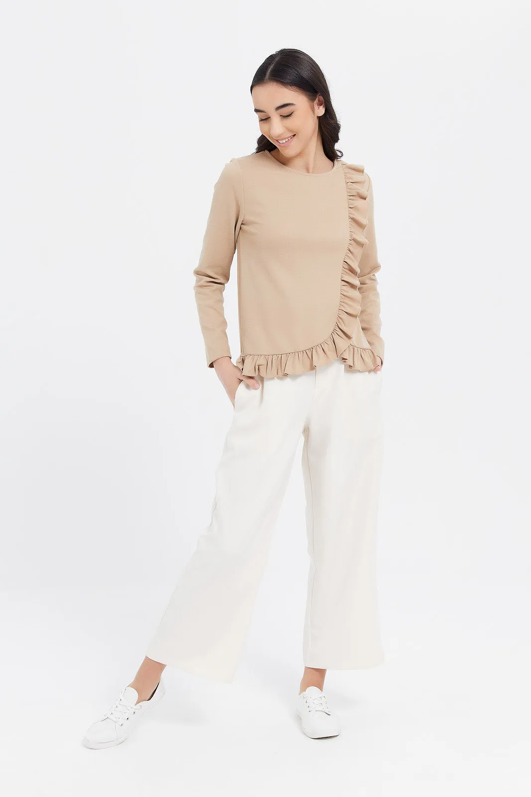 Senior Girls Beige Front Buttons Trouser