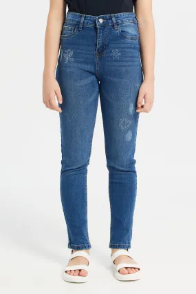 Senior Girls Blue Embellished Skinny Jeans