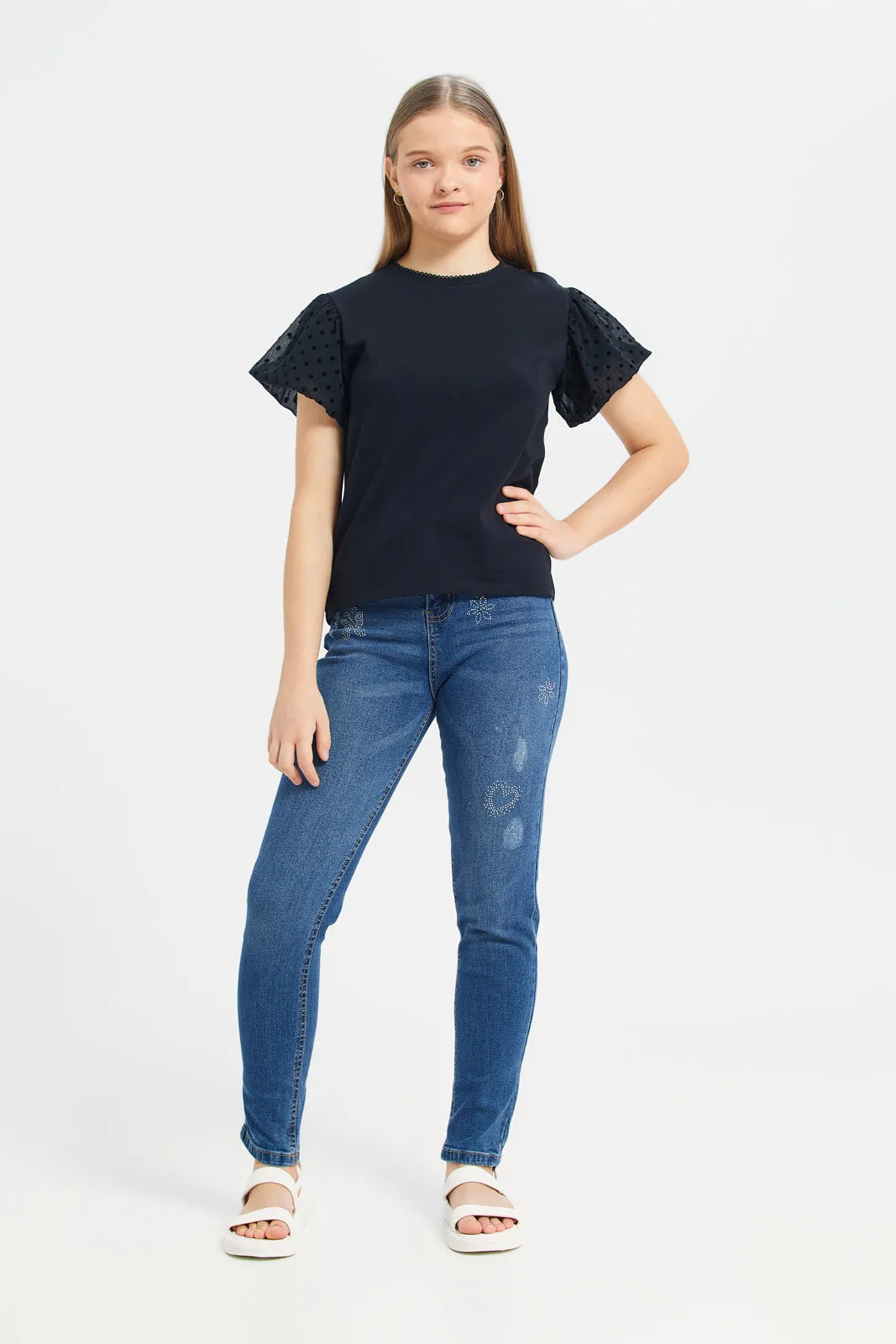 Senior Girls Blue Embellished Skinny Jeans