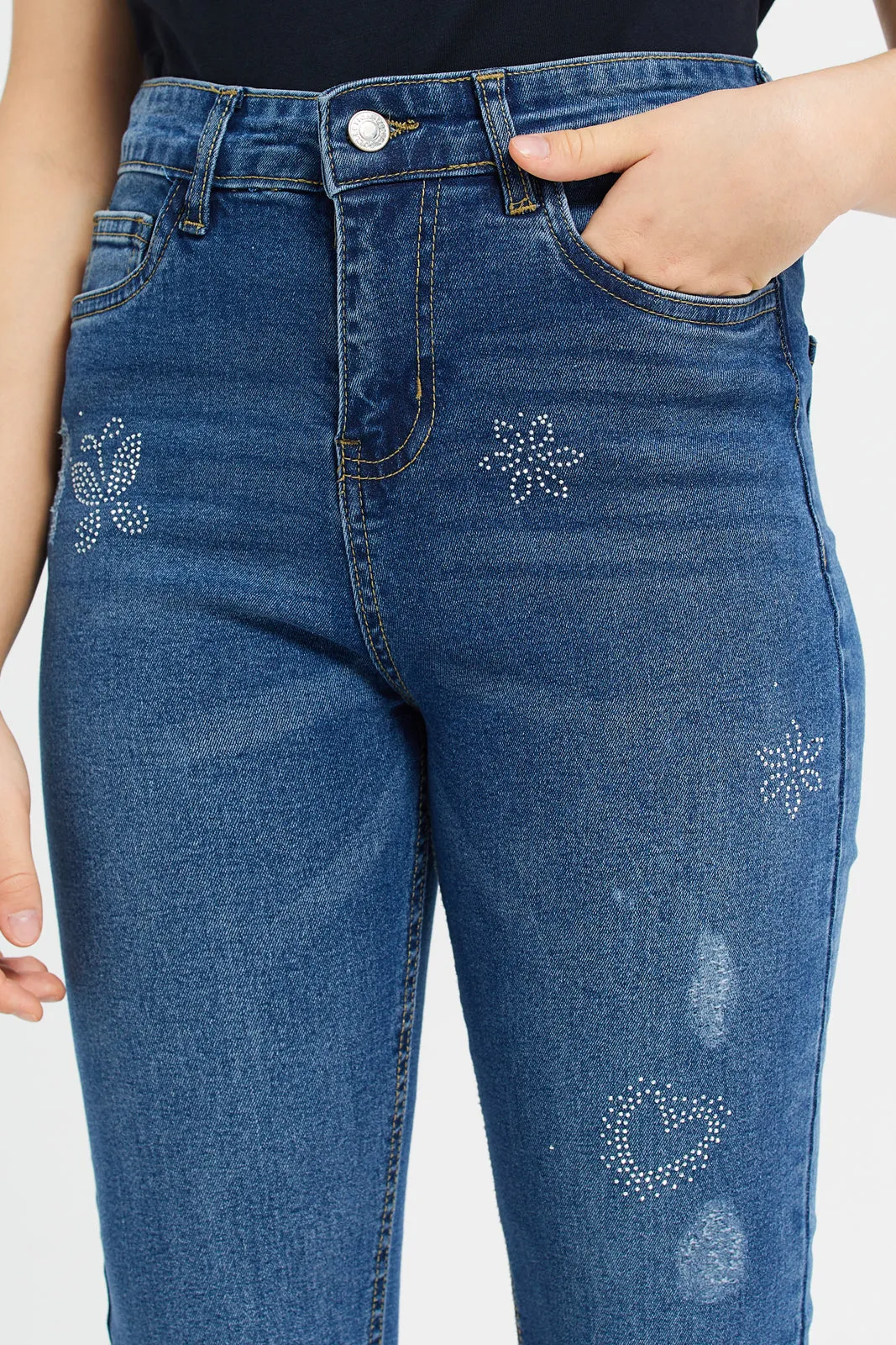 Senior Girls Blue Embellished Skinny Jeans