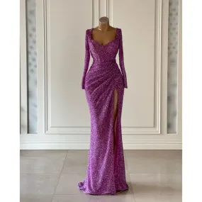 Sequins V-Neck Long Sleeve Ruched Side Slit Sheath Formal Prom Dress