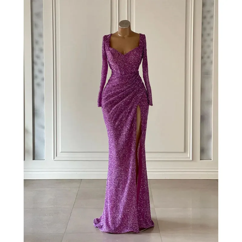 Sequins V-Neck Long Sleeve Ruched Side Slit Sheath Formal Prom Dress