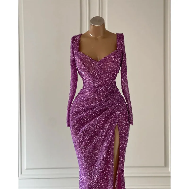 Sequins V-Neck Long Sleeve Ruched Side Slit Sheath Formal Prom Dress