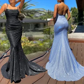 Sexy backless glitter shining paghetti strap maxi mermaid dress | Sleevesless floor-length cocktail party prom dress