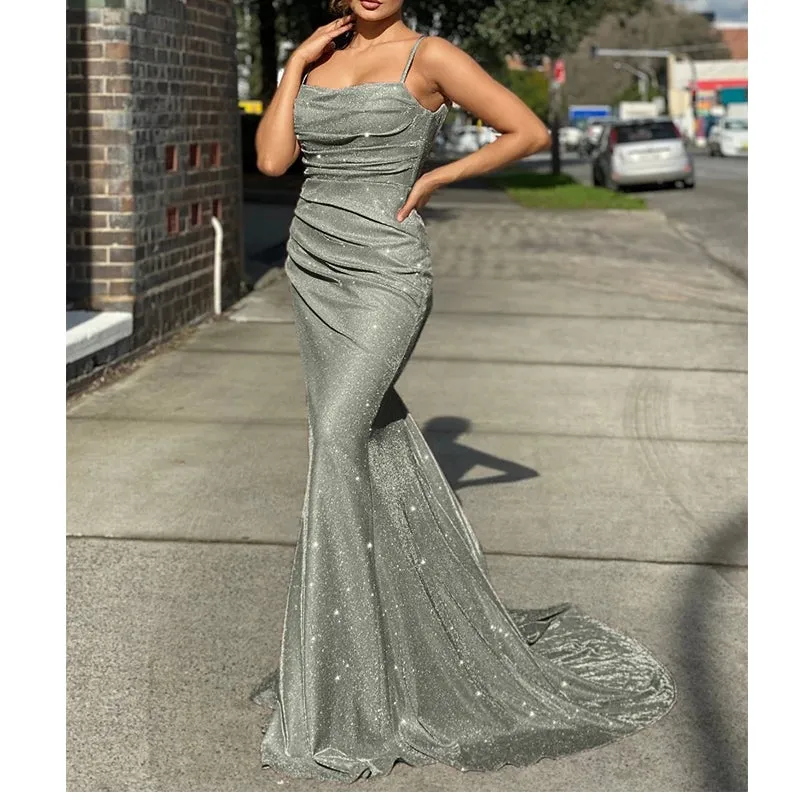 Sexy backless glitter shining paghetti strap maxi mermaid dress | Sleevesless floor-length cocktail party prom dress