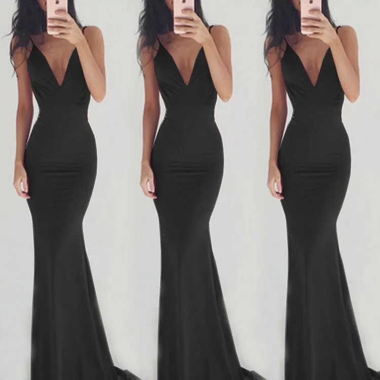 Sexy backless paghetti strap v neck mermaid maxi dress | summer wedding party bridesmaid dress