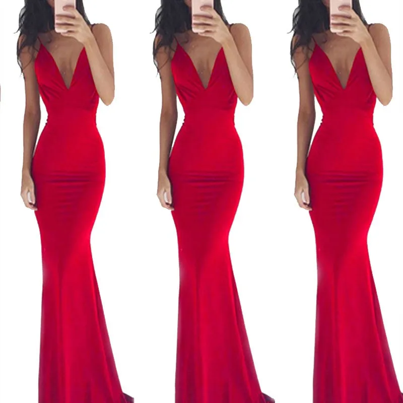 Sexy backless paghetti strap v neck mermaid maxi dress | summer wedding party bridesmaid dress