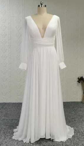 Sexy Slit Long Sleeve V-back Boho Wedding Dress