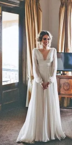 Sexy Slit Long Sleeve V-back Boho Wedding Dress