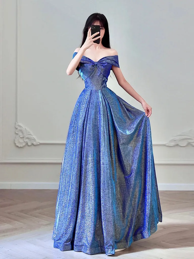 Simple A-Line Shiny Satin Blue Long Prom Dress, Blue Long Formal Dress