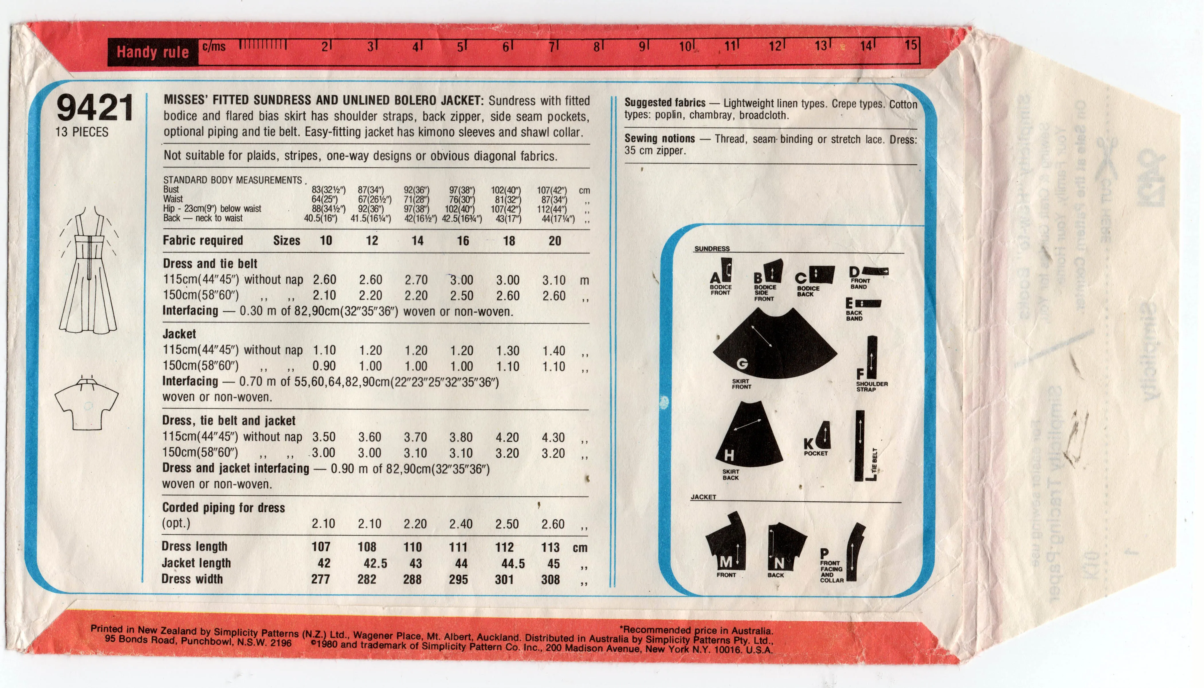 Simplicity 9421 Womens Full Bias Skirt Sundress & Summer Jacket 1980s Vintage Sewing Pattern Size 12 Bust 34 inches