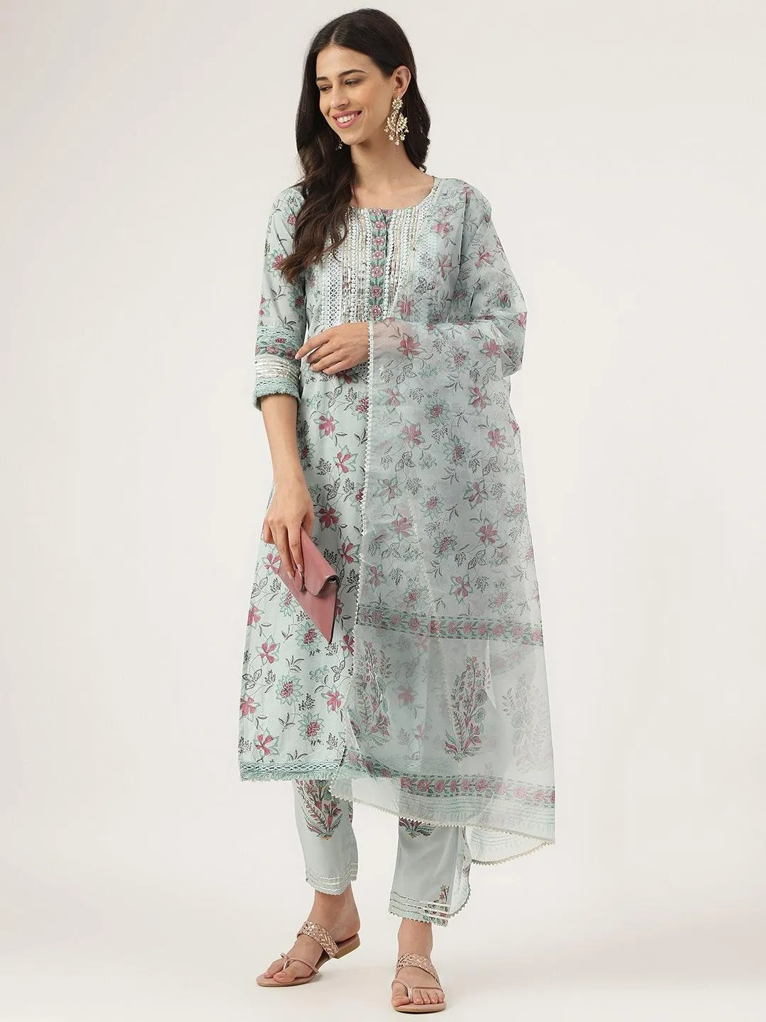 Skyblue Hand Block Cotton Straight Pant Set With Organza Dupatta