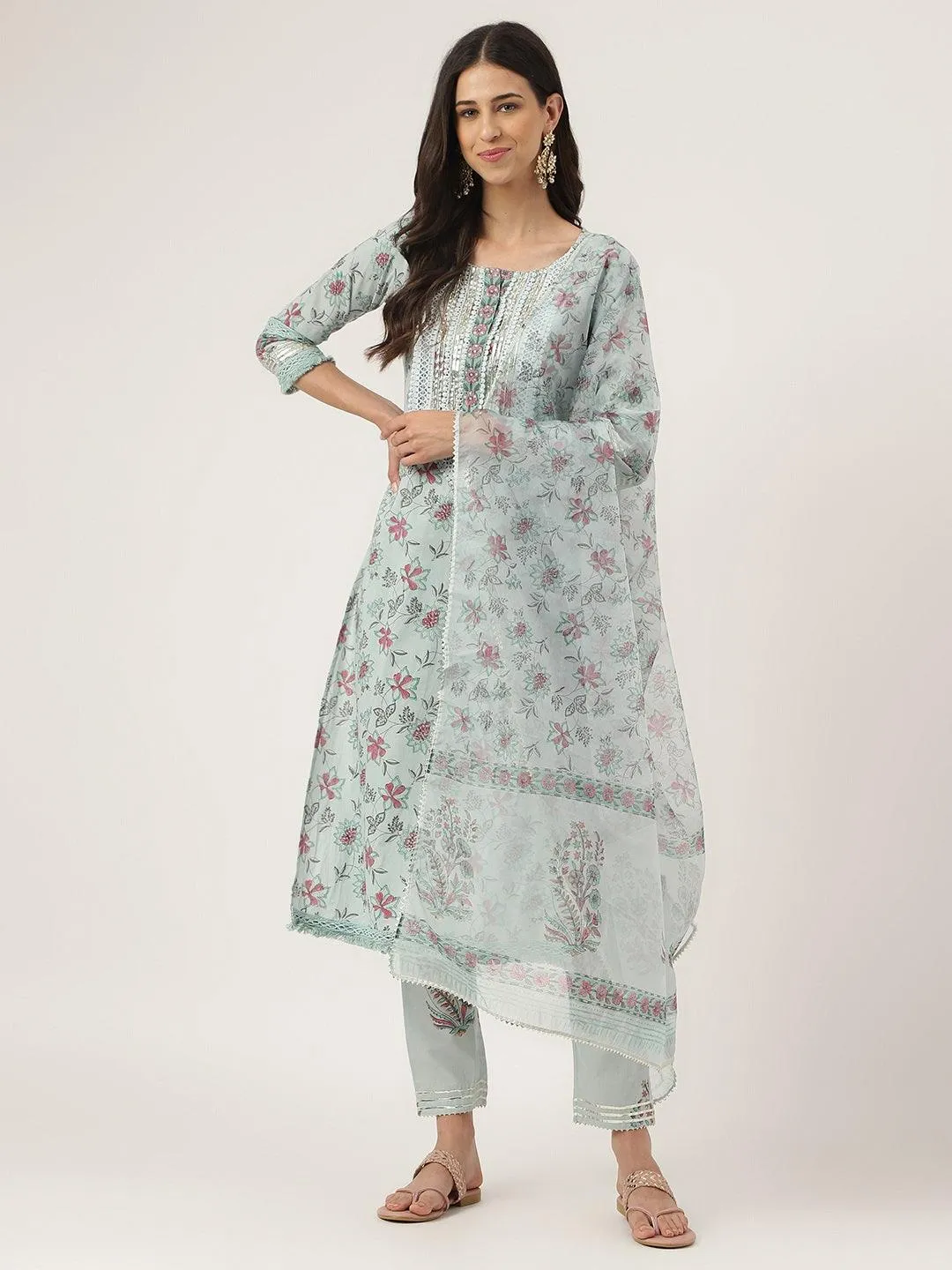 Skyblue Hand Block Cotton Straight Pant Set With Organza Dupatta