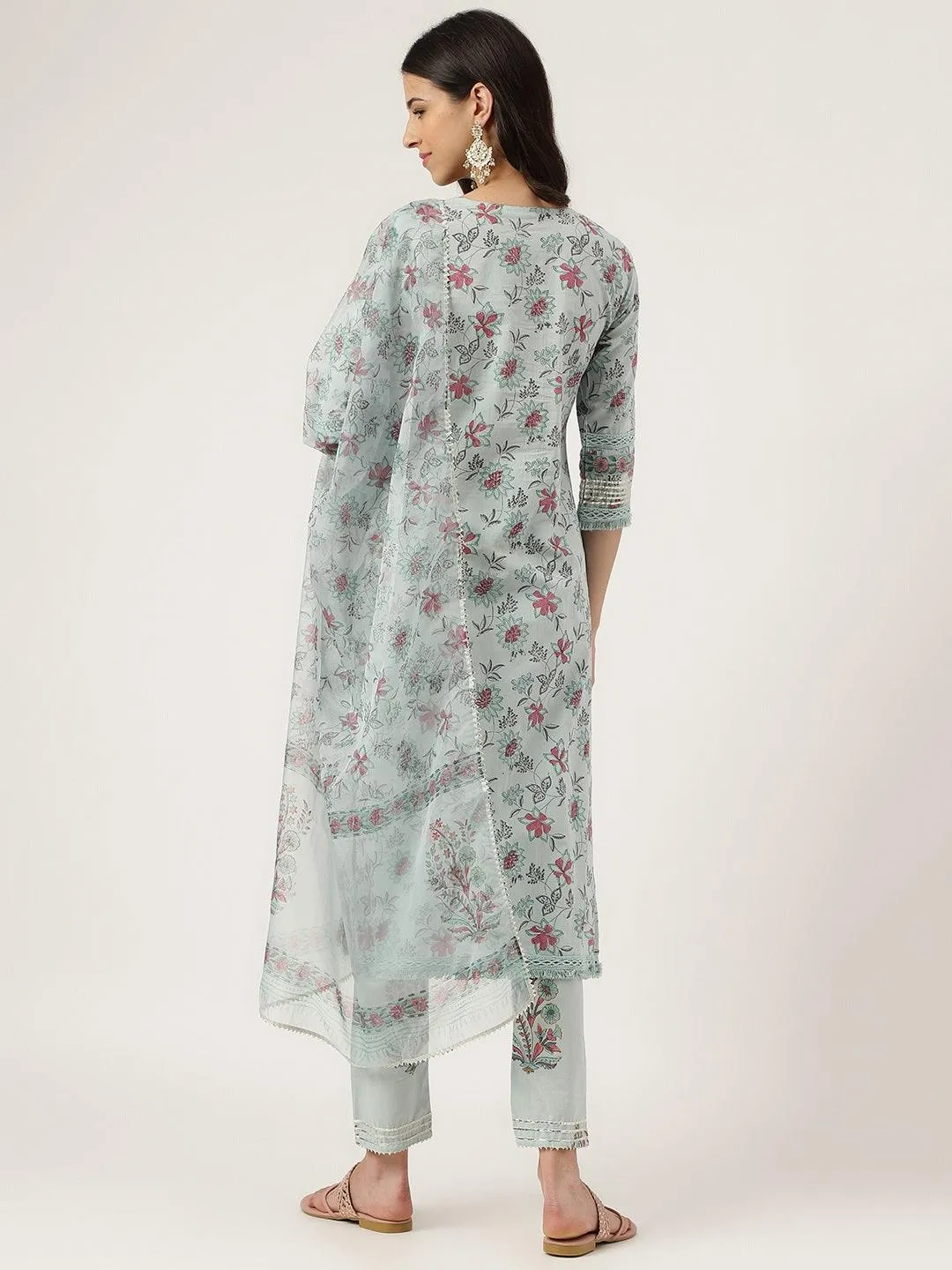 Skyblue Hand Block Cotton Straight Pant Set With Organza Dupatta