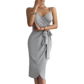 Sleeveless Silver-gray Women's V-neck Wrap Solid Colour Dress