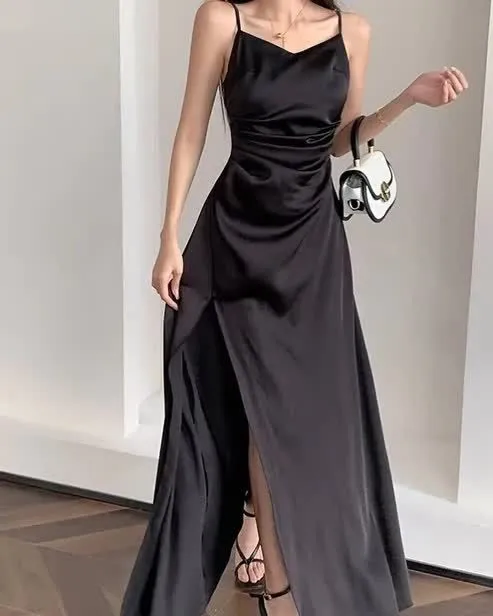 Spaghetti Straps Black A Line Satin Long Prom Dresses With Slit       fg5443