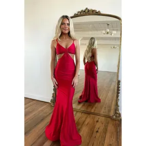 Spaghetti Straps V Neck Bugurndy Mermaid Prom Dress