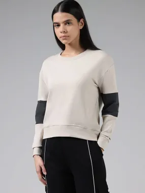 Studiofit Solid Light Beige Cotton Blend Sweatshirt