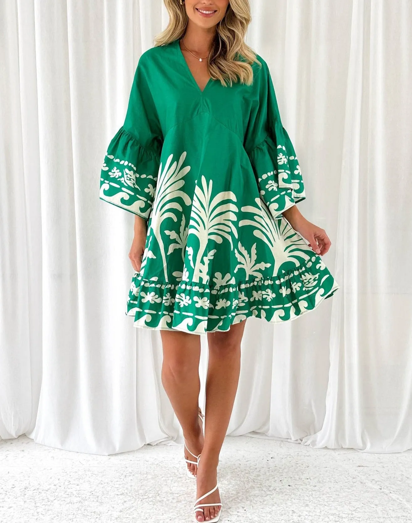 Summer V-Neck Printed Flared Sleeve Dress