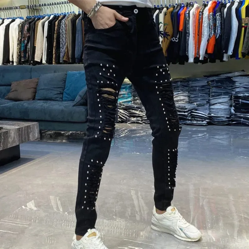 Trendy Slim Fit Ripped Jeans for Men: Hip Hop Streetwear Style