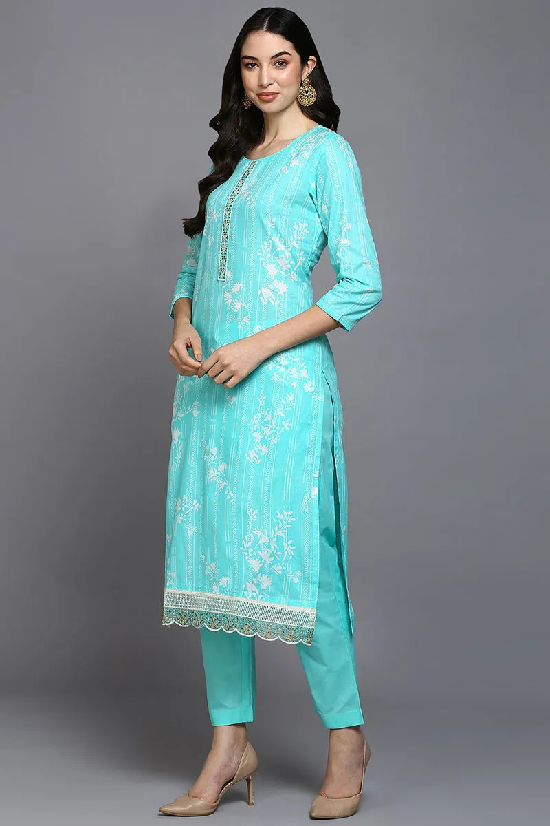 Turquoise Blue Cotton Blend Floral Straight Suit Set