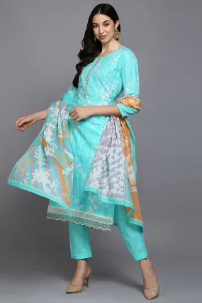 Turquoise Blue Cotton Blend Floral Straight Suit Set