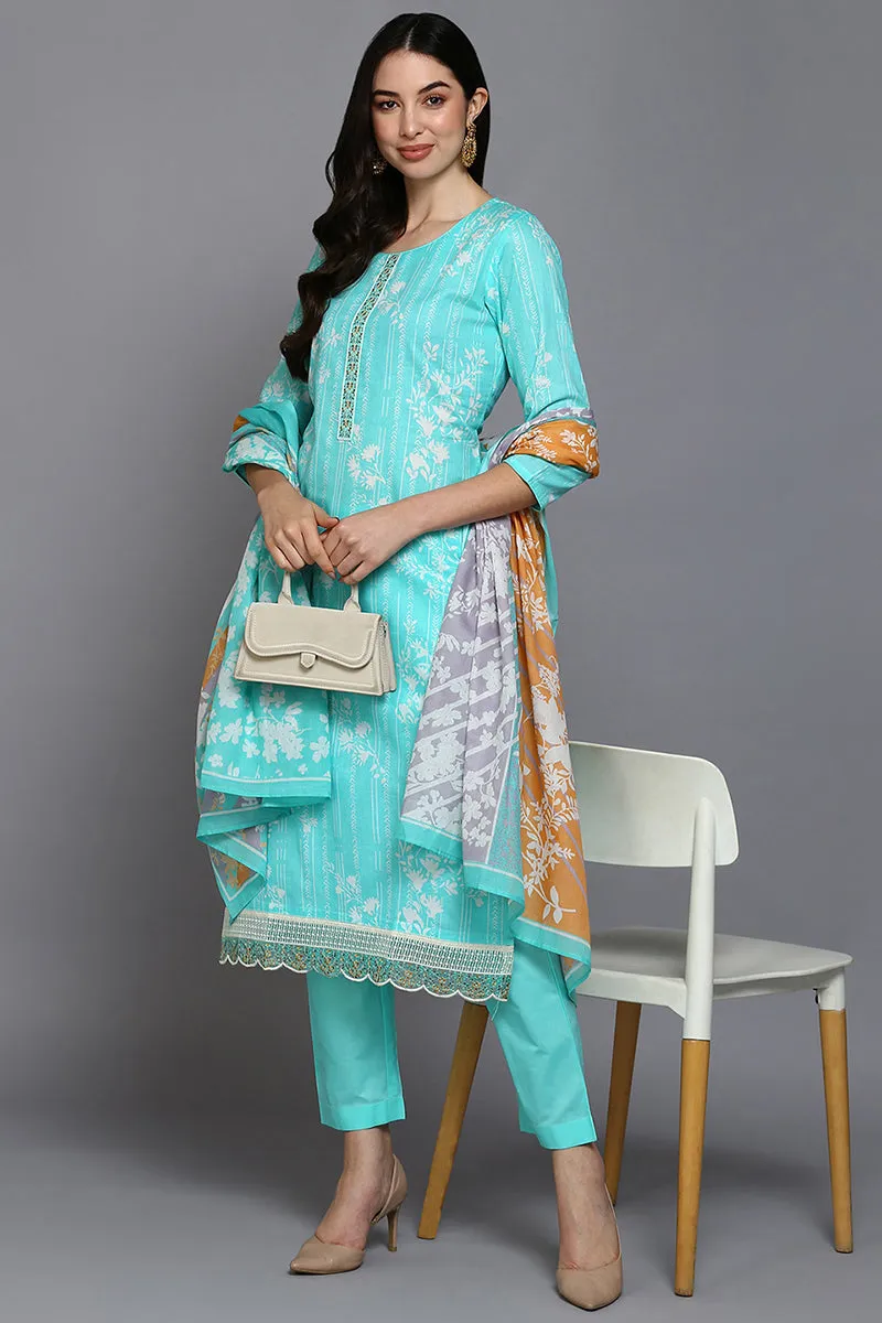 Turquoise Blue Cotton Blend Floral Straight Suit Set