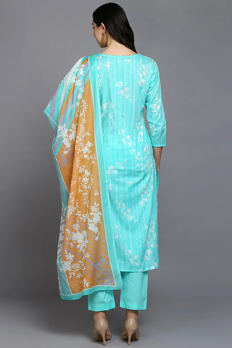 Turquoise Blue Cotton Blend Floral Straight Suit Set