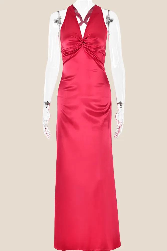 Twist V-neck Pink Open Back Sheath Long Dress