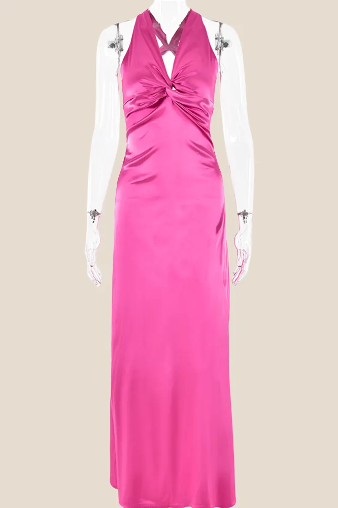 Twist V-neck Pink Open Back Sheath Long Dress