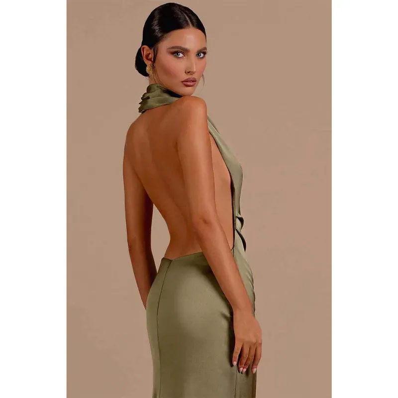 Unique Halter Pleats Backless Long Formal Party Dress