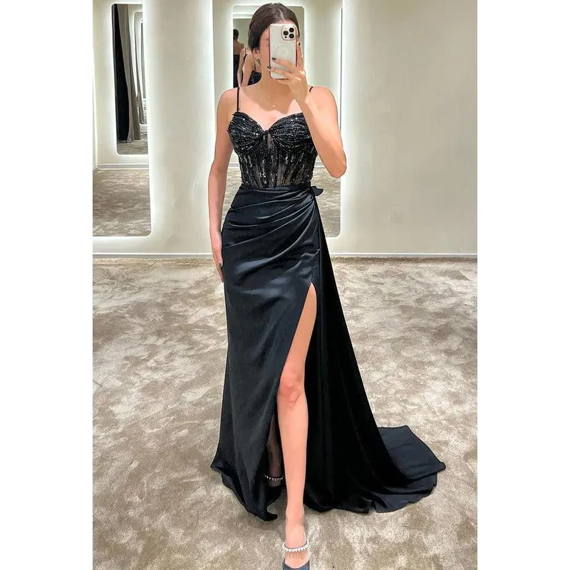 V-Neck Spaghetti Straps Beaded Ruched Sheath Long Prom Evening Gown