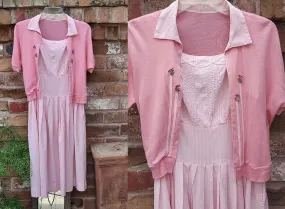 VINTAGE 1950s PINK & WHITE GINGHAM CHECK DRESS WITH MATCHING SWEATER SET