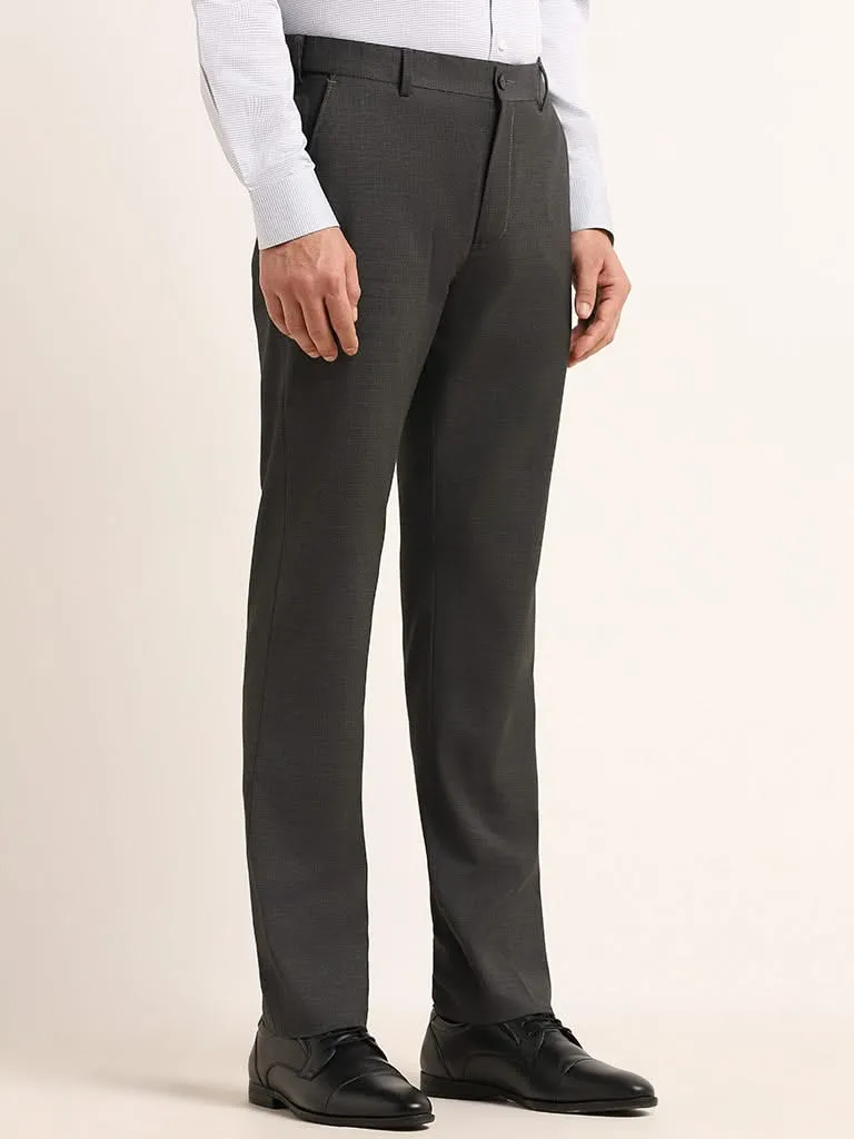 WES Formals Dark Grey Self-Patterned Cotton Slim Fit Trousers