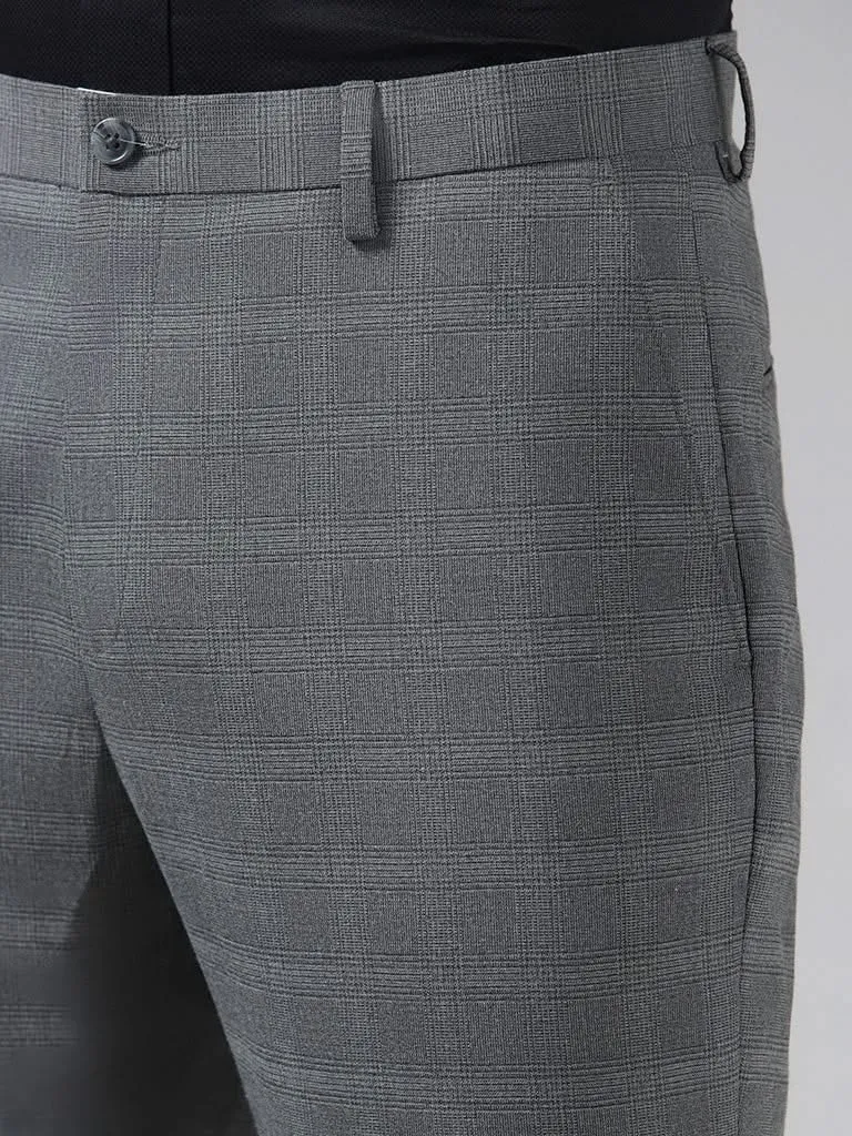 WES Formals Grey Checked Slim Tapered Fit Trousers