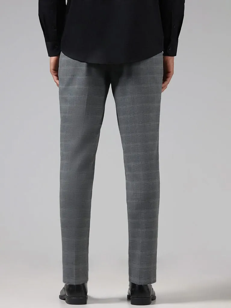 WES Formals Grey Checked Slim Tapered Fit Trousers