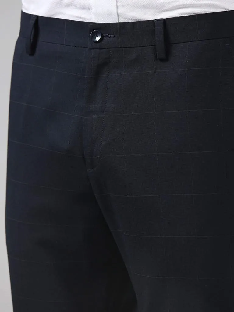 WES Formals Navy Checks Slim Fit Trousers