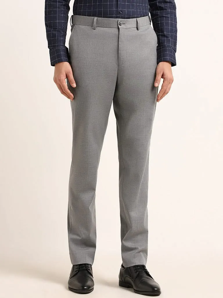 WES Formals Self-Patterned Grey Cotton Slim Fit Trousers