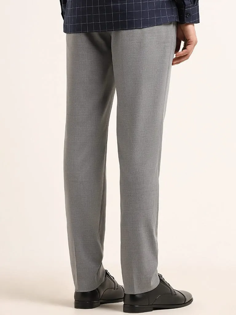 WES Formals Self-Patterned Grey Cotton Slim Fit Trousers