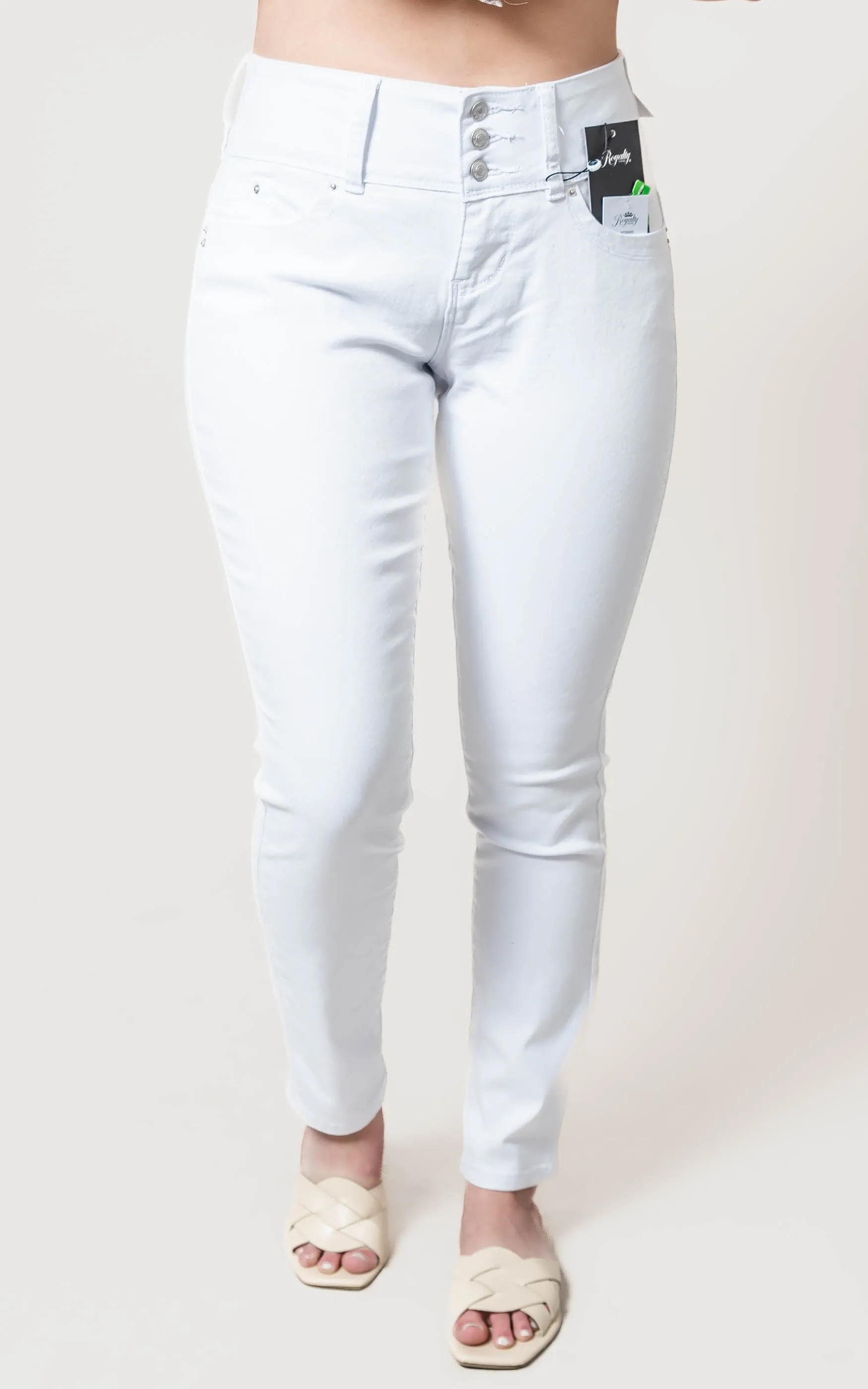 White Mid Rise 3 Button Skinny Jeans - YMI - Final Sale