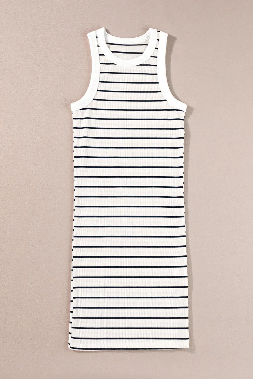 White Stripe Ribbed Knit Tank Mini Dress