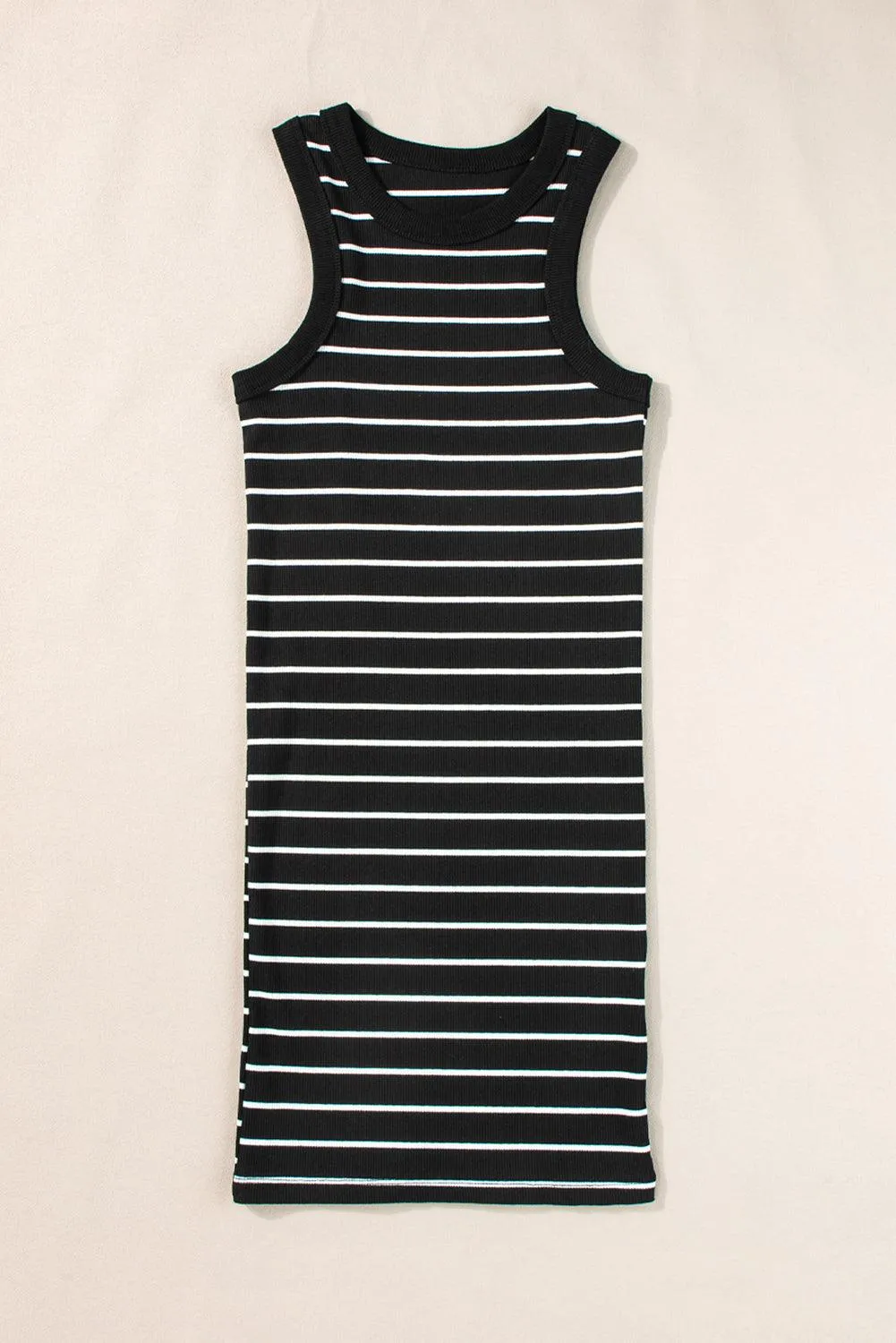 White Stripe Ribbed Knit Tank Mini Dress