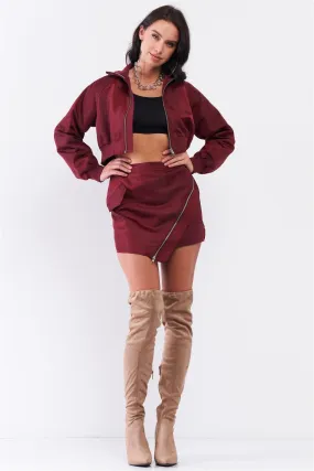 Wine Cropped Raglan Balloon Sleeve Rib Knit Cuff Bomber Jacket Asymmetrical Zipper Detail Mini Skirt Set/3-2-1