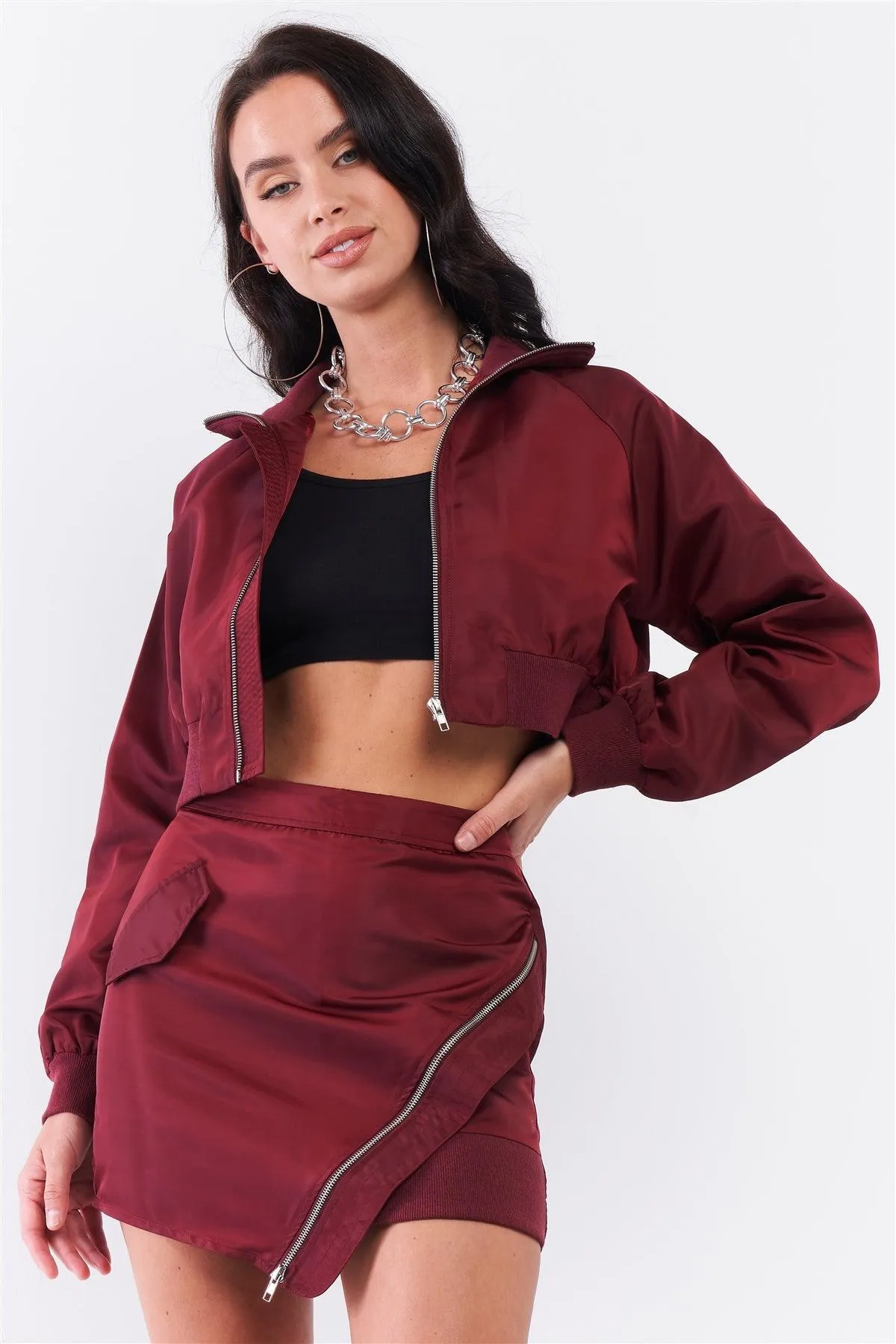 Wine Cropped Raglan Balloon Sleeve Rib Knit Cuff Bomber Jacket Asymmetrical Zipper Detail Mini Skirt Set/3-2-1