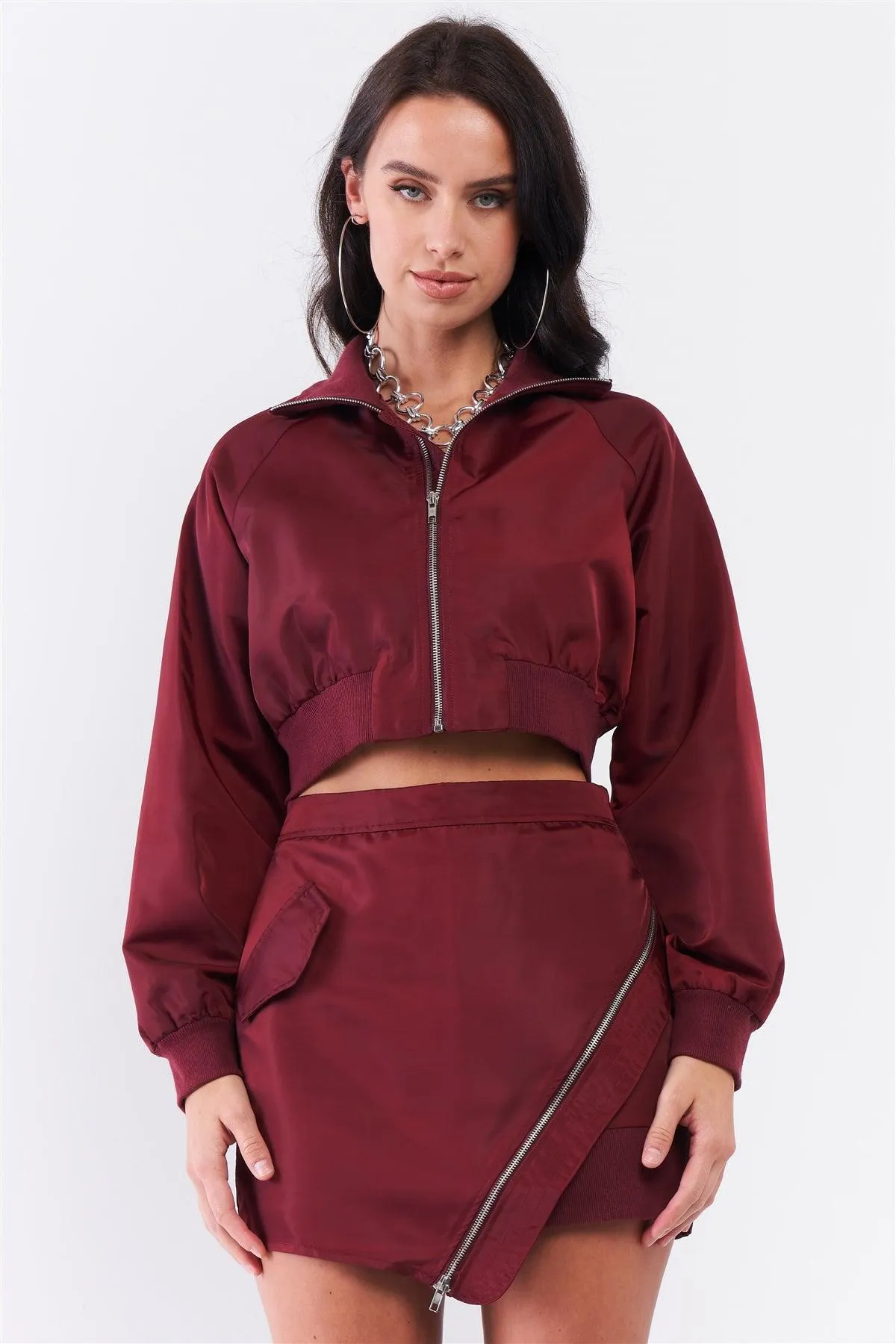 Wine Cropped Raglan Balloon Sleeve Rib Knit Cuff Bomber Jacket Asymmetrical Zipper Detail Mini Skirt Set/3-2-1