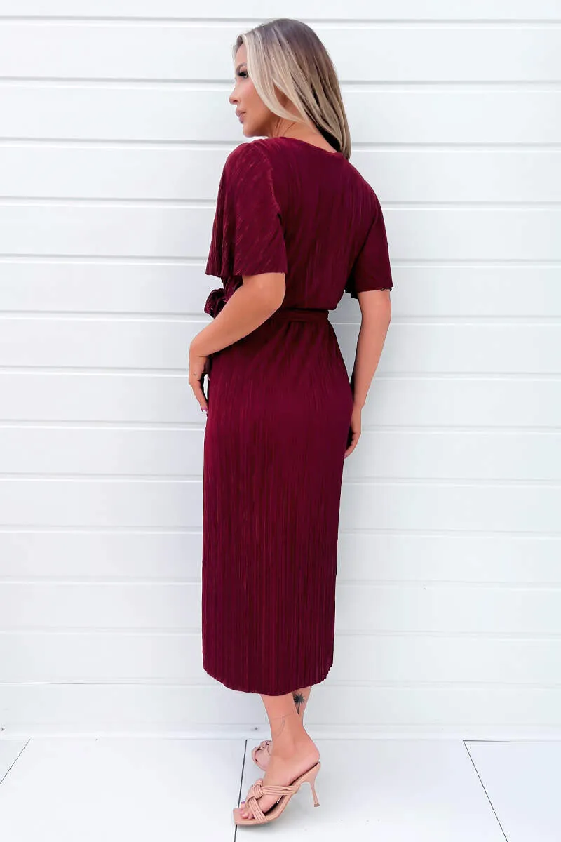 Wine Wrap Top Belted Short Sleeve Plisse Midi Dress